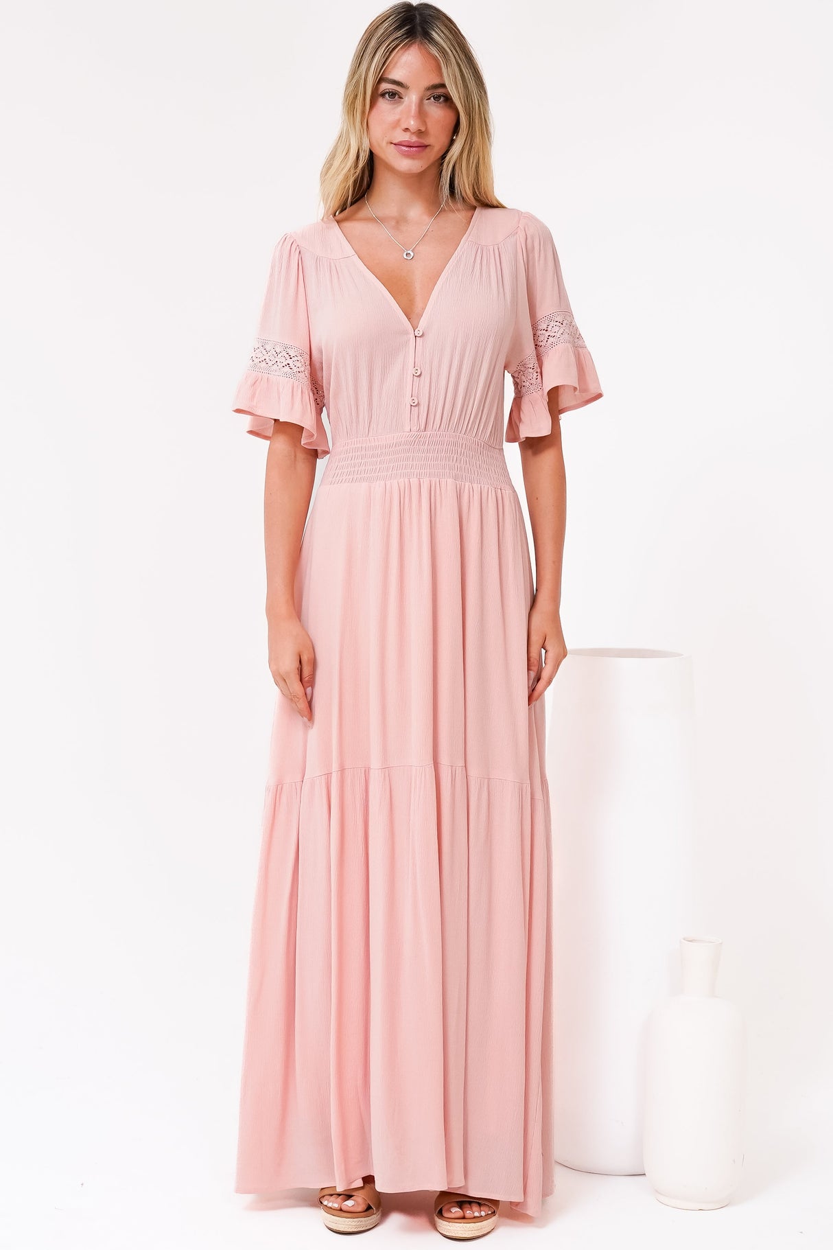 Alexandra Maxi Dress - Delicate Lace Detailed A-Line Dress with Short Sleeves in Blush