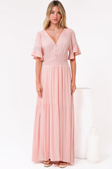 Alexandra Maxi Dress - Delicate Lace Detailed A-Line Dress with Short Sleeves in Blush