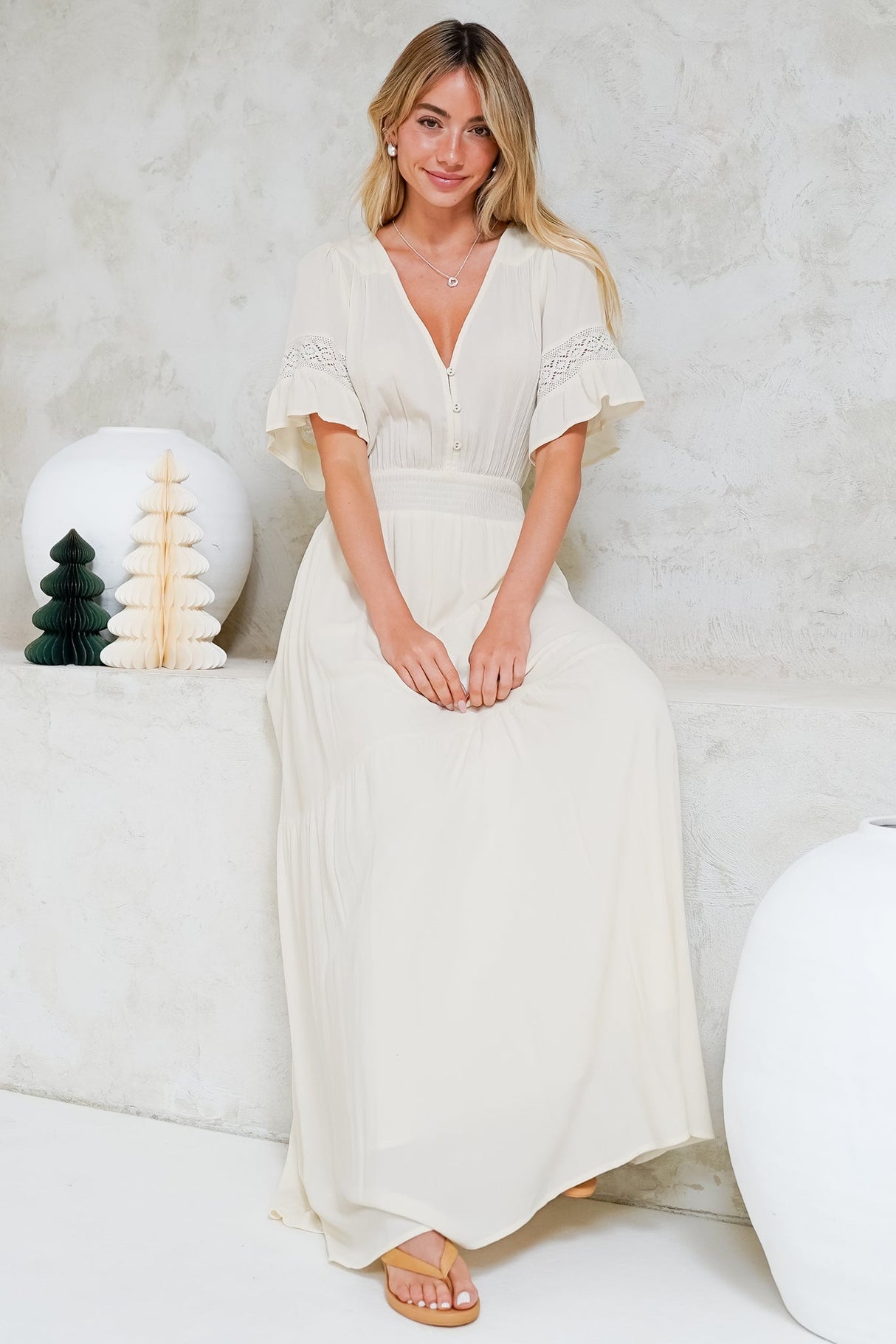 Alexandra Maxi Dress - Delicate Lace Detailed A-Line Dress with Short Sleeves in Cream