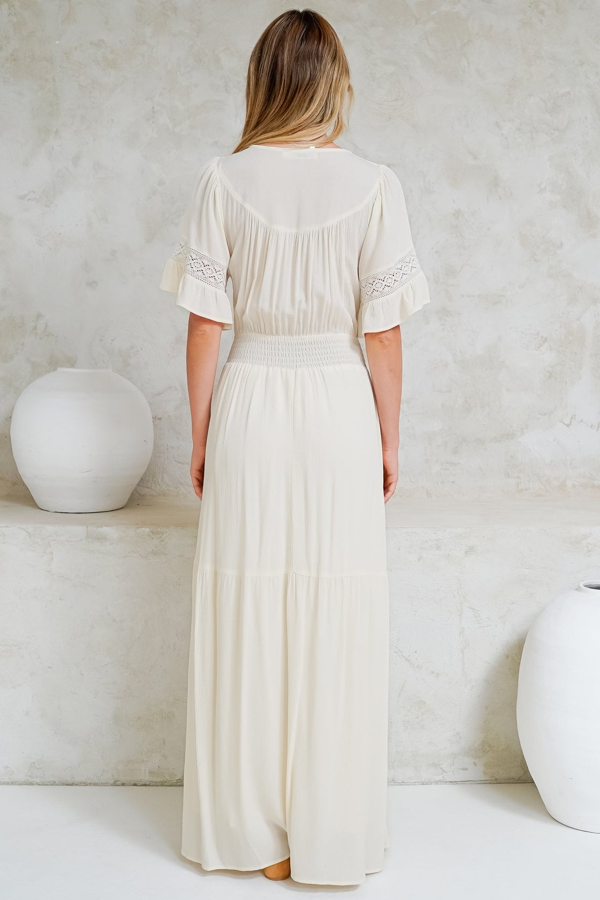 Alexandra Maxi Dress - Delicate Lace Detailed A-Line Dress with Short Sleeves in Cream