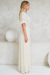 Alexandra Maxi Dress - Delicate Lace Detailed A-Line Dress with Short Sleeves in Cream