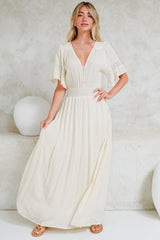 Alexandra Maxi Dress - Delicate Lace Detailed A-Line Dress with Short Sleeves in Cream