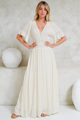 Alexandra Maxi Dress - Delicate Lace Detailed A-Line Dress with Short Sleeves in Cream