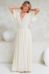 Alexandra Maxi Dress - Delicate Lace Detailed A-Line Dress with Short Sleeves in Cream