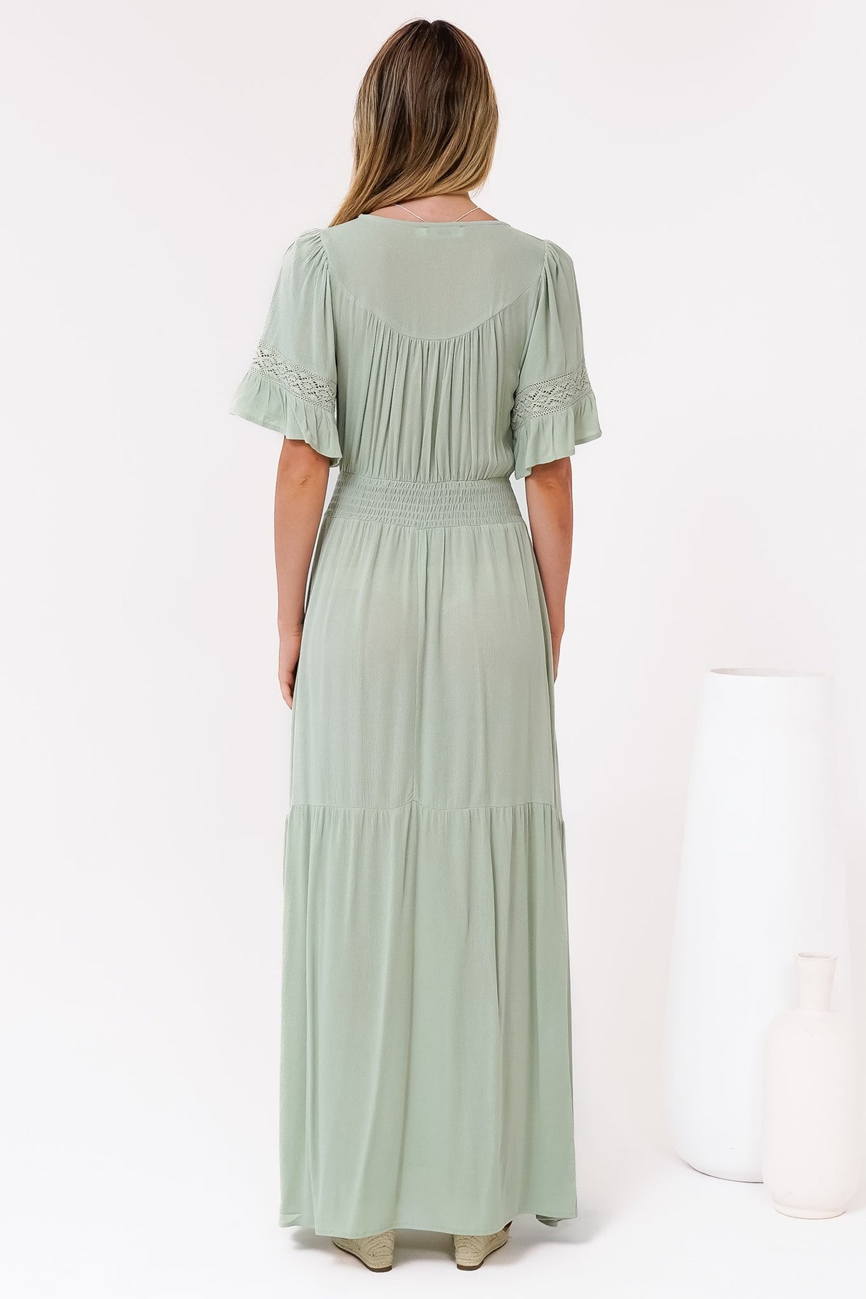 Alexandra Maxi Dress - Delicate Lace Detailed A-Line Dress with Short Sleeves in Mint