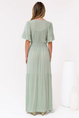 Alexandra Maxi Dress - Delicate Lace Detailed A-Line Dress with Short Sleeves in Mint