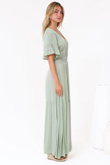 Alexandra Maxi Dress - Delicate Lace Detailed A-Line Dress with Short Sleeves in Mint