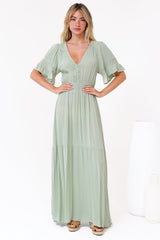Alexandra Maxi Dress - Delicate Lace Detailed A-Line Dress with Short Sleeves in Mint