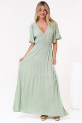 Alexandra Maxi Dress - Delicate Lace Detailed A-Line Dress with Short Sleeves in Mint