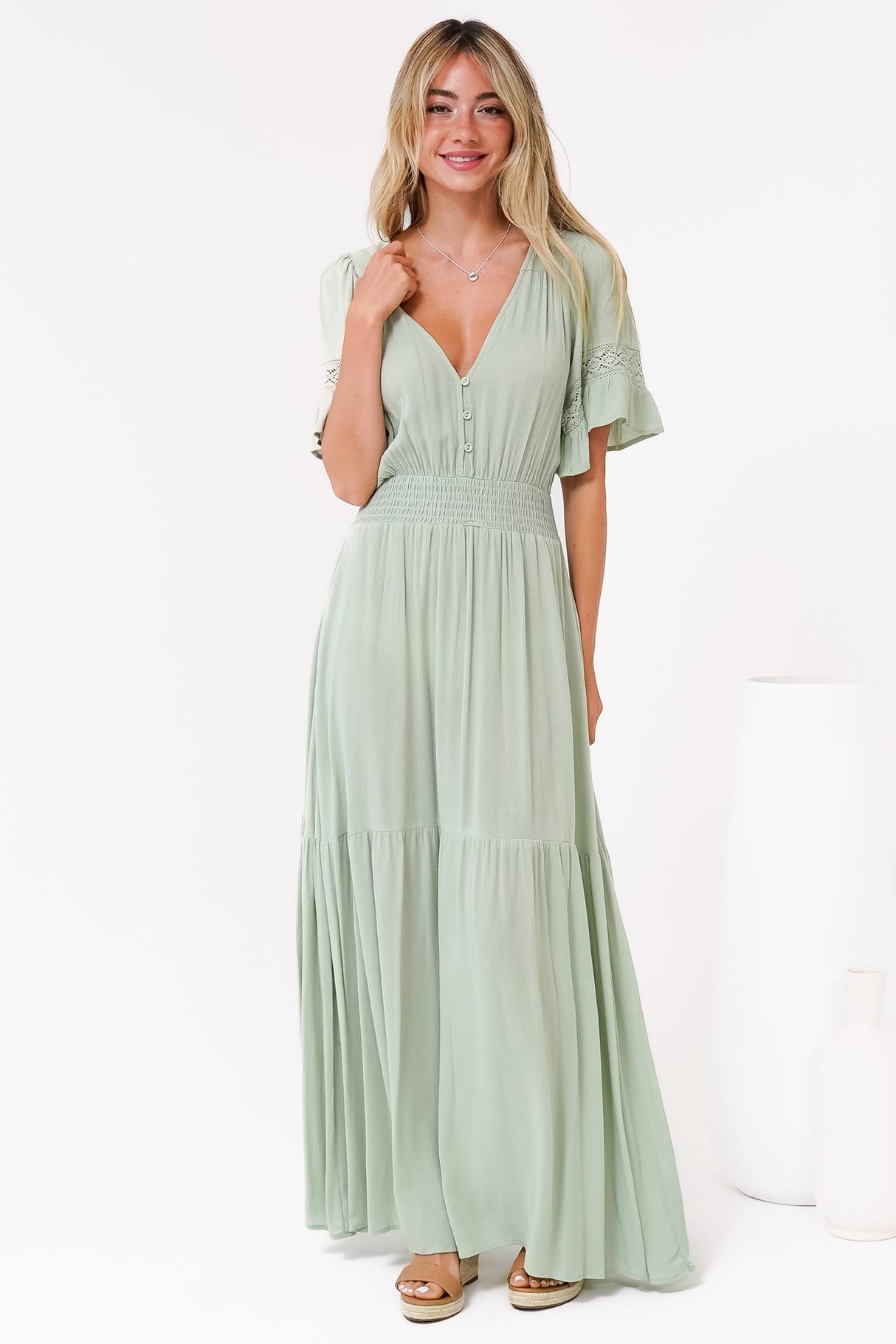 Alexandra Maxi Dress - Delicate Lace Detailed A-Line Dress with Short Sleeves in Mint
