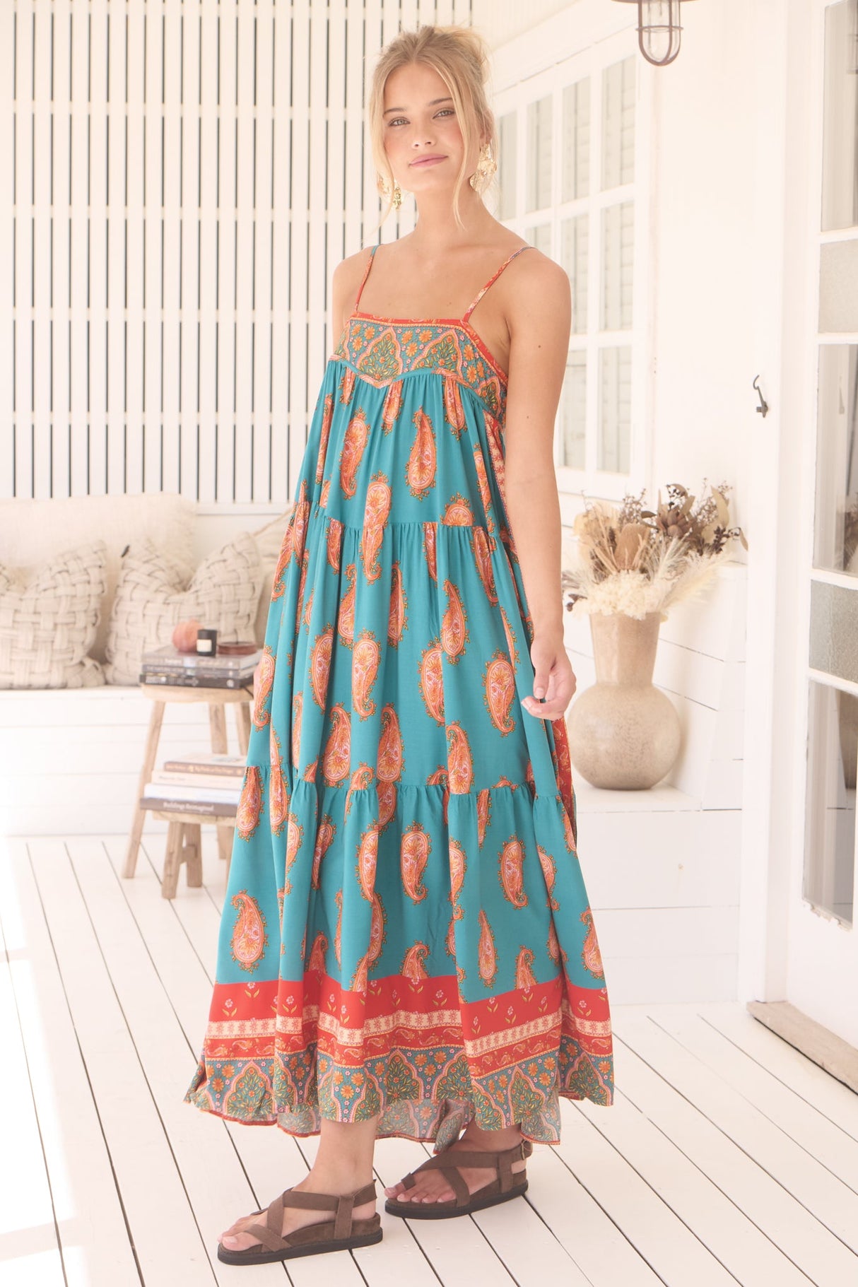 JAASE - Alexia Maxi Dress: Adjustable Strap Tiered Sun Dress with Pockets in Melody Print