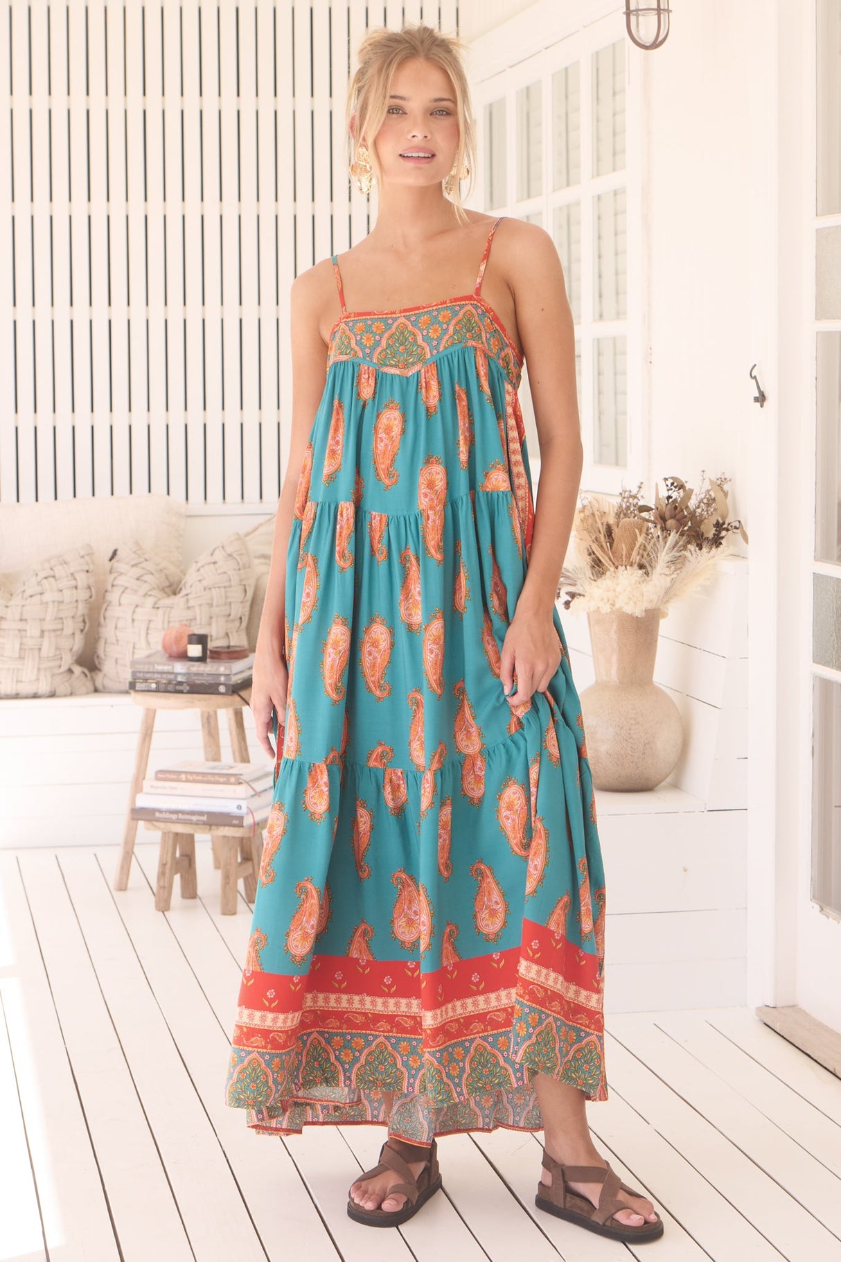 Alexia Maxi Dress - Adjustable Strap Tiered Sun Dress with Pockets in Melody Print