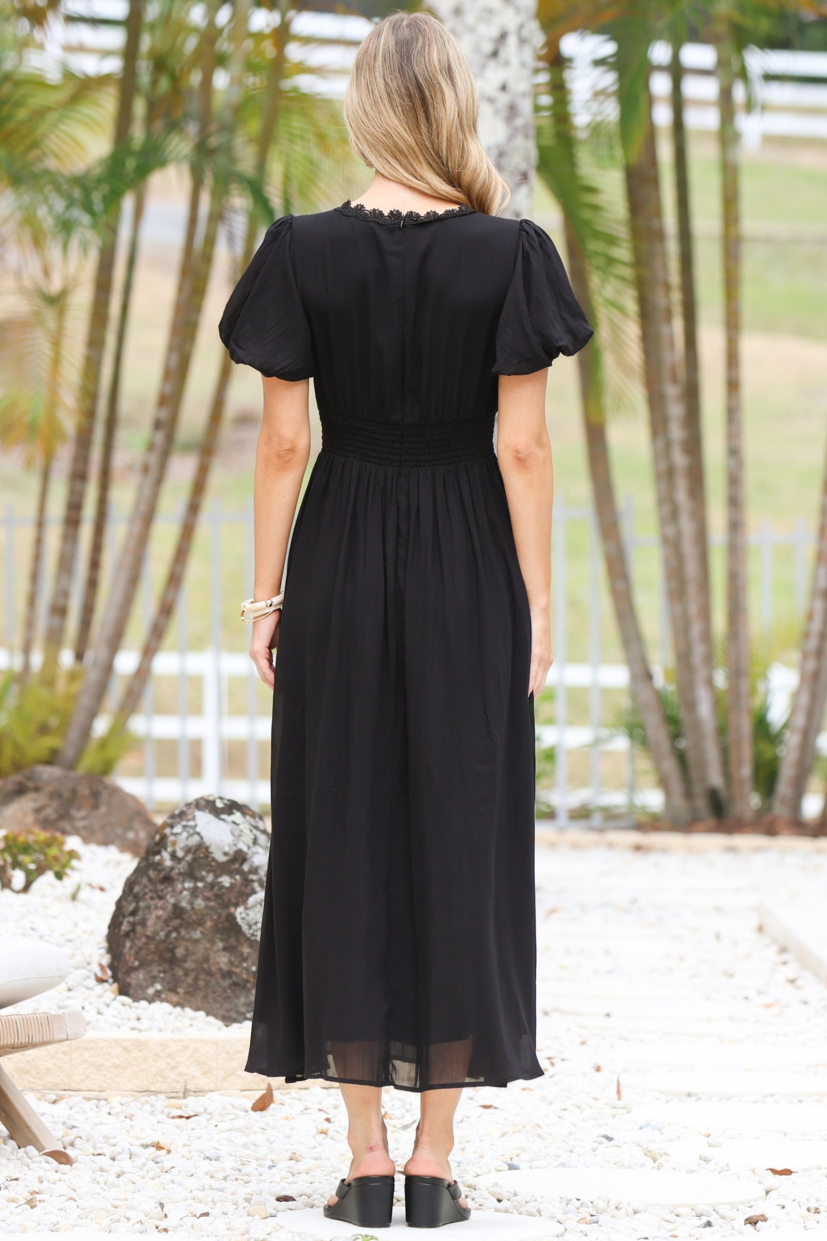 Alexis Midi Dress - Lace Trim V-Neck A-Line Dress with Pockets in Black