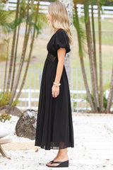 Alexis Midi Dress - Lace Trim V-Neck A-Line Dress with Pockets in Black