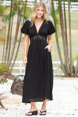 Alexis Midi Dress - Lace Trim V-Neck A-Line Dress with Pockets in Black