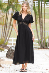 Alexis Midi Dress - Lace Trim V-Neck A-Line Dress with Pockets in Black