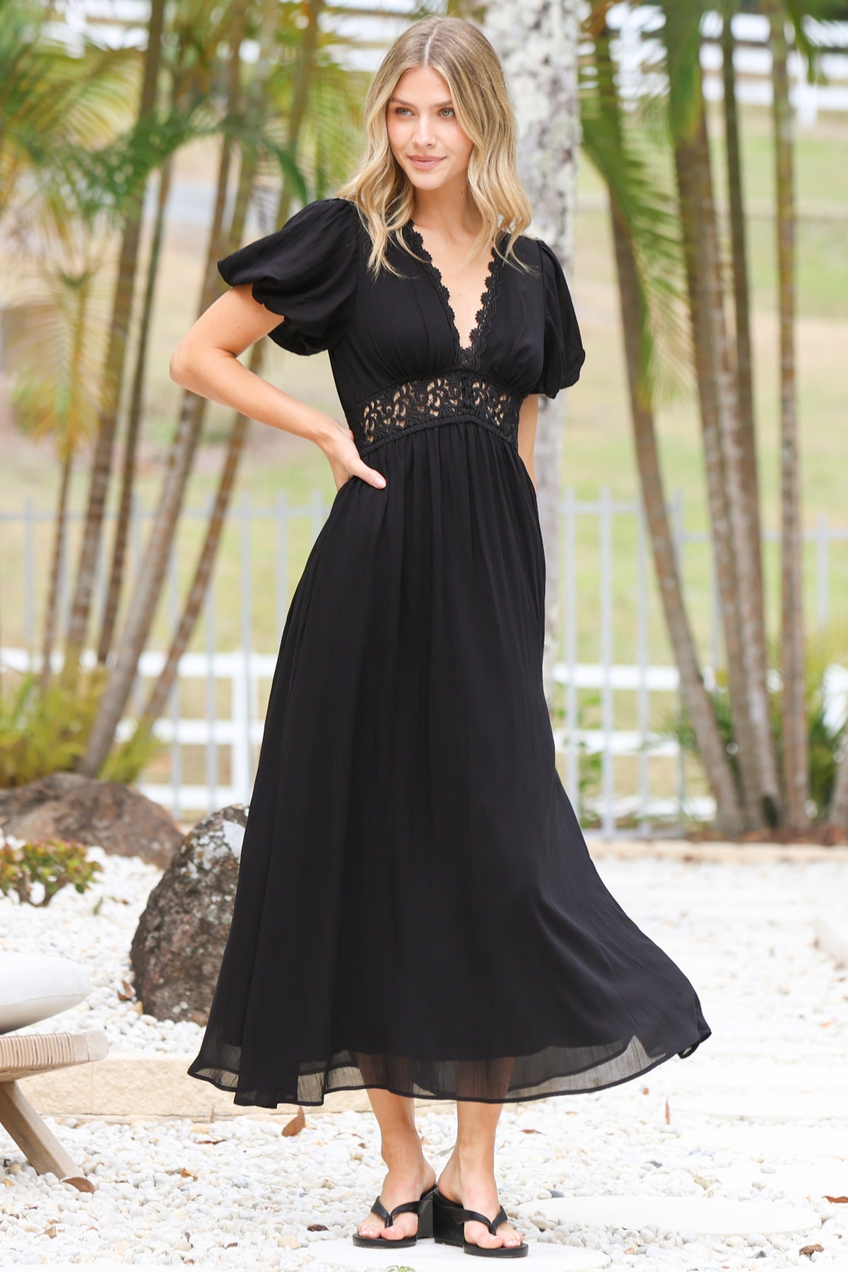 Alexis Midi Dress - Lace Trim V-Neck A-Line Dress with Pockets in Black