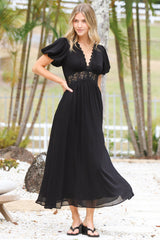 Alexis Midi Dress - Lace Trim V-Neck A-Line Dress with Pockets in Black