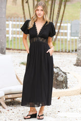 Alexis Midi Dress - Lace Trim V-Neck A-Line Dress with Pockets in Black