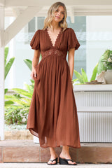 Alexis Midi Dress - Lace Trim V-Neck A-Line Dress with Pockets in Rust