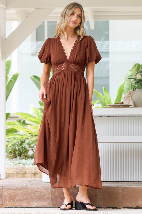 Alexis Midi Dress - Lace Trim V-Neck A-Line Dress with Pockets in Rust