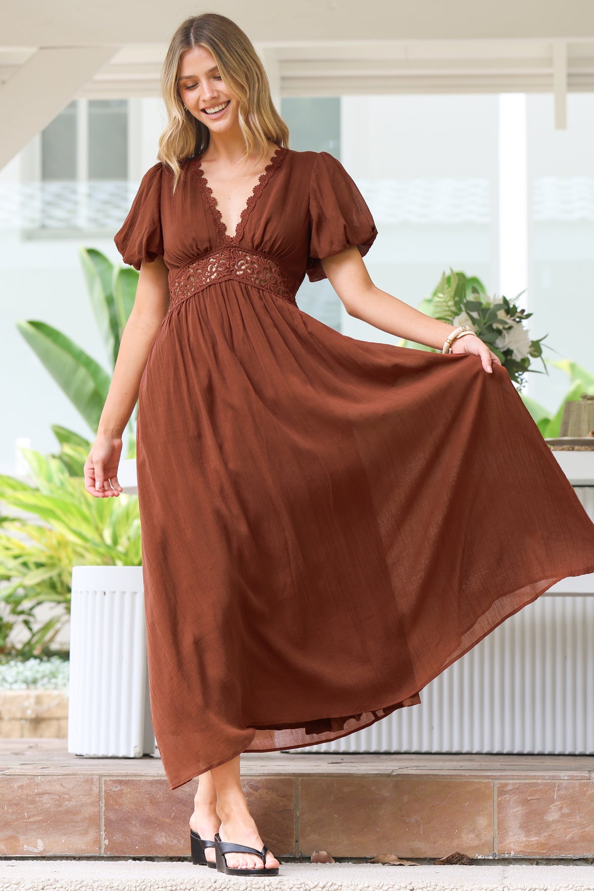 Alexis Midi Dress - Lace Trim V-Neck A-Line Dress with Pockets in Rust