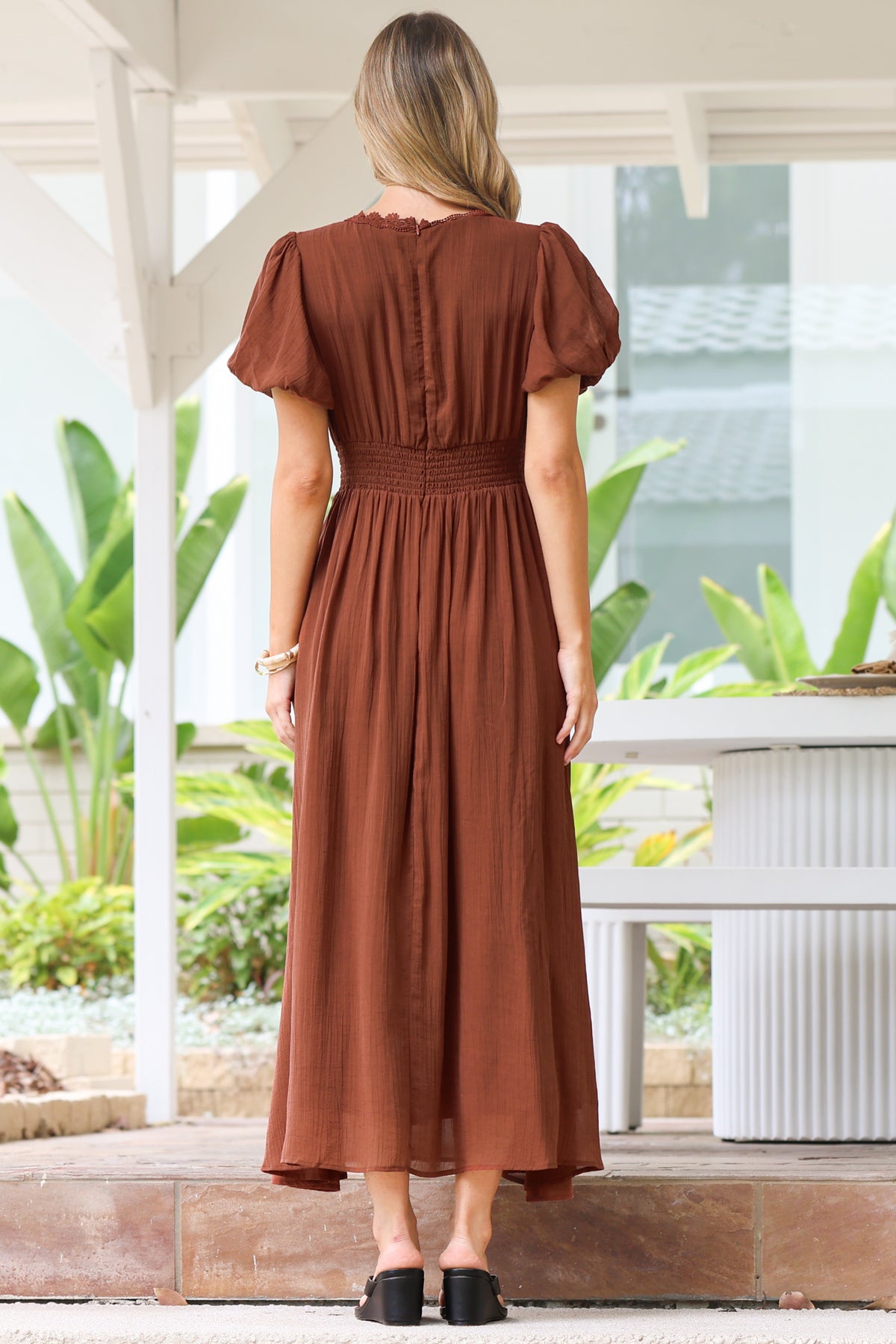 Alexis Midi Dress - Lace Trim V-Neck A-Line Dress with Pockets in Rust