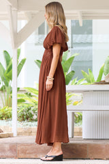 Alexis Midi Dress - Lace Trim V-Neck A-Line Dress with Pockets in Rust