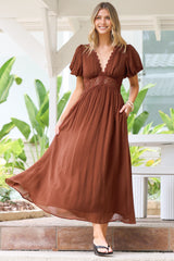 Alexis Midi Dress - Lace Trim V-Neck A-Line Dress with Pockets in Rust