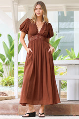 Alexis Midi Dress - Lace Trim V-Neck A-Line Dress with Pockets in Rust