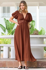 Alexis Midi Dress - Lace Trim V-Neck A-Line Dress with Pockets in Rust