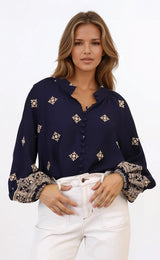 Alexi Blouse - Mandarin Collar Embroidered Button-Down Shirt in Selena Print Navy