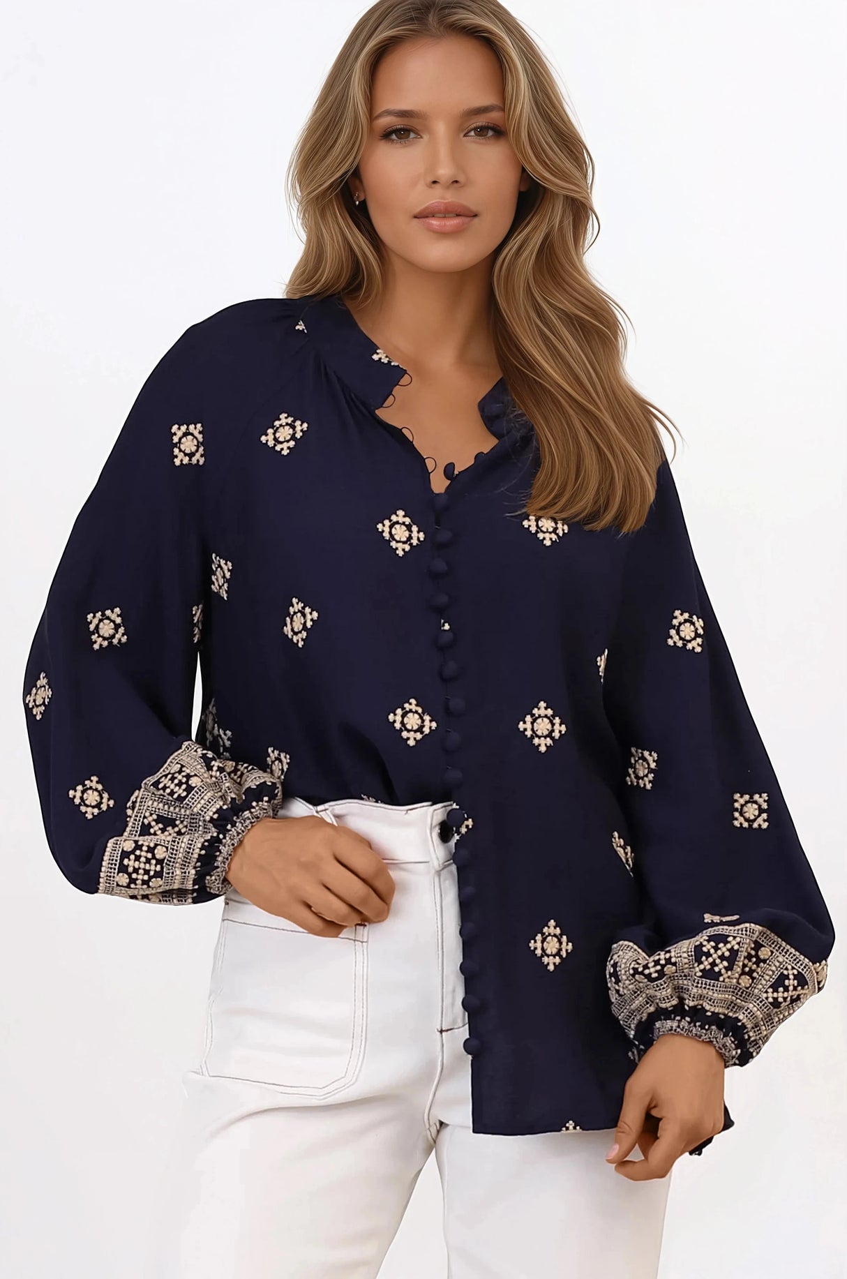 Alexi Blouse - Mandarin Collar Embroidered Button-Down Shirt in Selena Print Navy