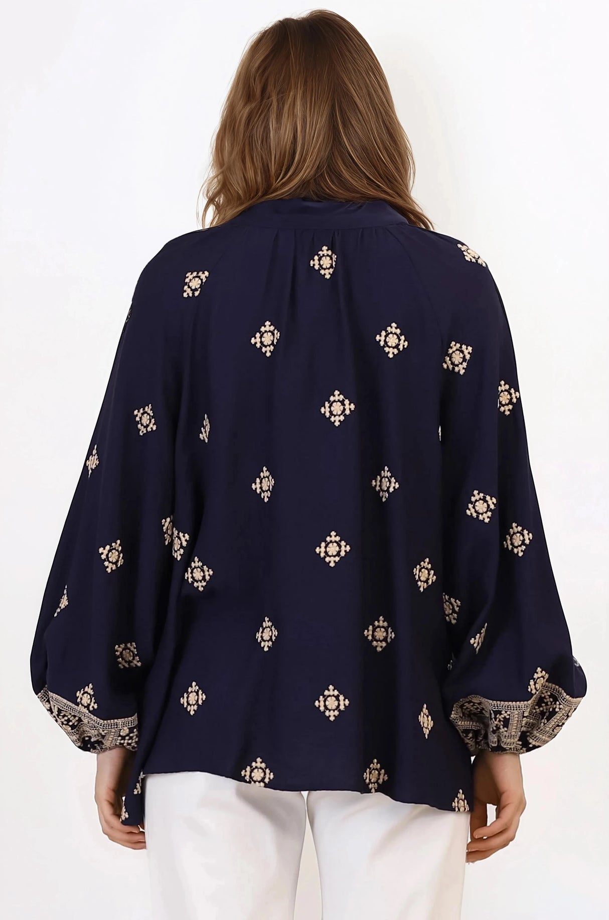 Alexi Blouse - Mandarin Collar Embroidered Button-Down Shirt in Selena Print Navy