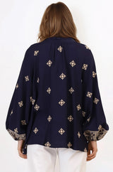 Alexi Blouse - Mandarin Collar Embroidered Button-Down Shirt in Selena Print Navy