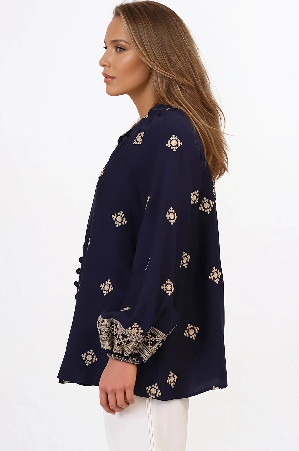 Alexi Blouse - Mandarin Collar Embroidered Button-Down Shirt in Selena Print Navy