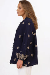 Alexi Blouse - Mandarin Collar Embroidered Button-Down Shirt in Selena Print Navy