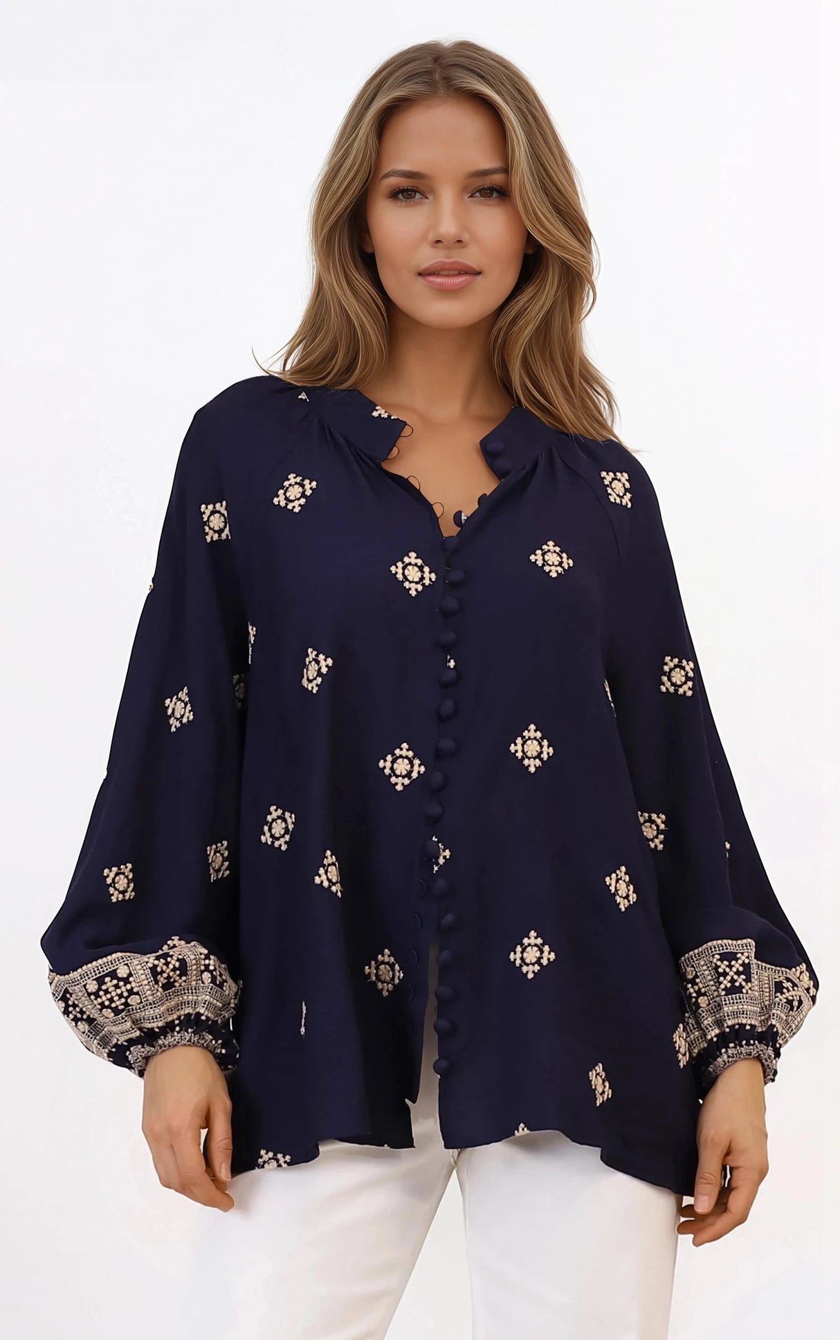 Alexi Blouse - Mandarin Collar Embroidered Button-Down Shirt in Selena Print Navy