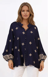 Alexi Blouse - Mandarin Collar Embroidered Button-Down Shirt in Selena Print Navy