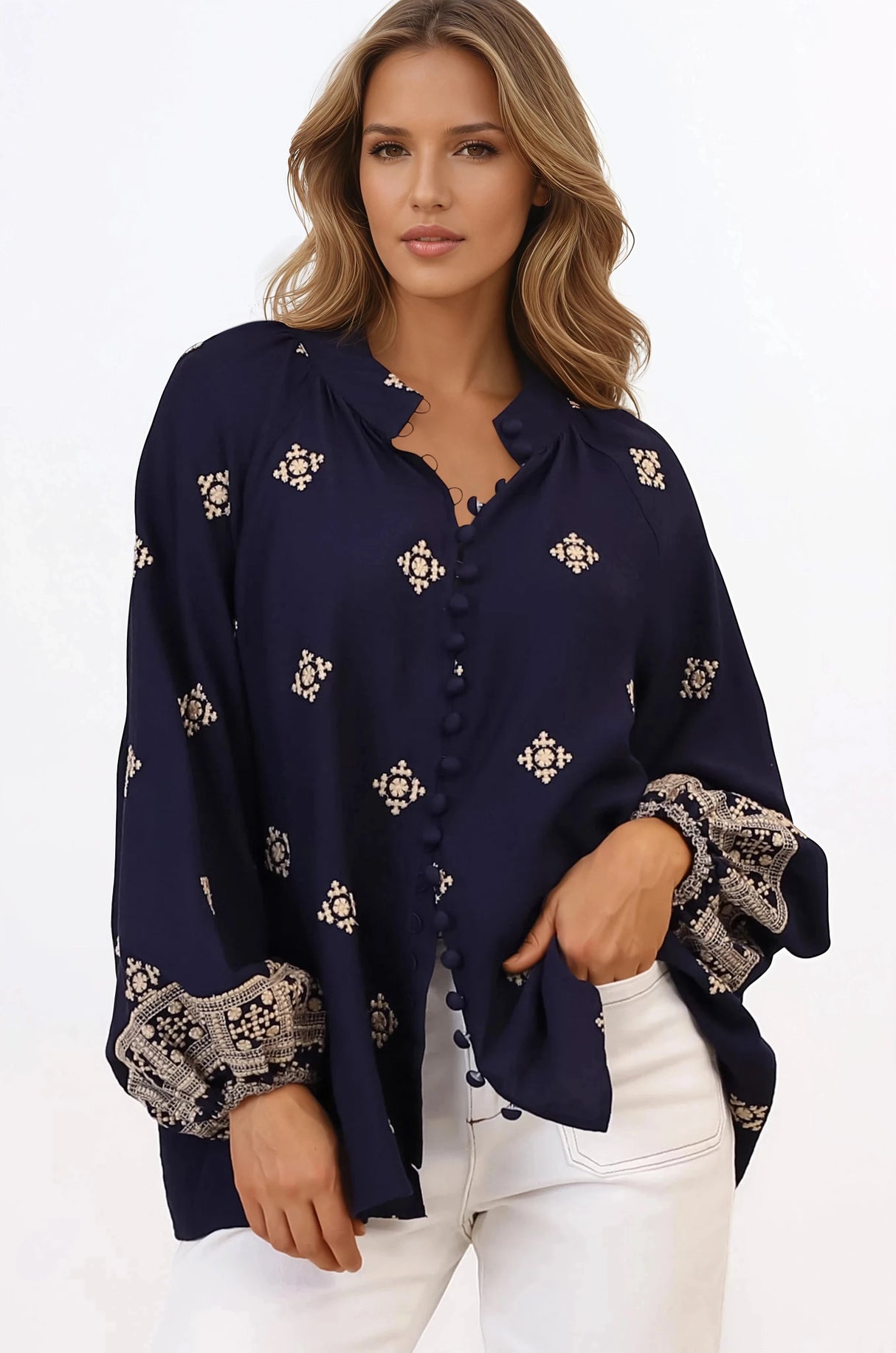 Alexi Blouse - Mandarin Collar Embroidered Button-Down Shirt in Selena Print Navy
