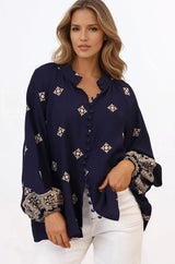 Alexi Blouse - Mandarin Collar Embroidered Button-Down Shirt in Selena Print Navy