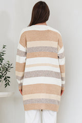 Alfie Cardigan - Open Stripe Knit with Pockets and Rib Knit Trim in Camel