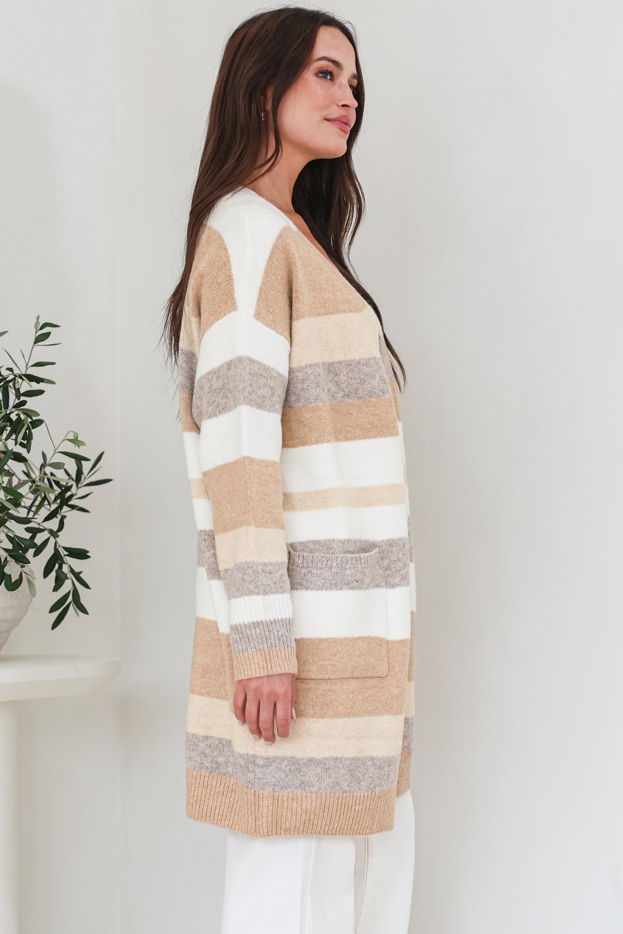 Alfie Cardigan - Open Stripe Knit with Pockets and Rib Knit Trim in Camel