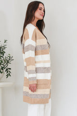 Alfie Cardigan - Open Stripe Knit with Pockets and Rib Knit Trim in Camel