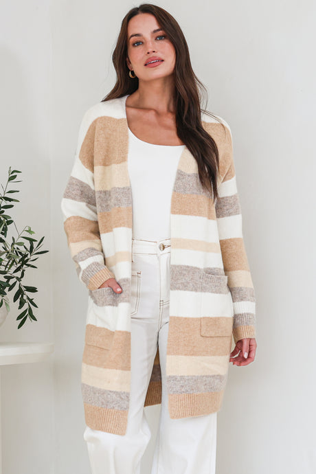 Alfie Cardigan - Open Stripe Knit with Pockets and Rib Knit Trim in Camel