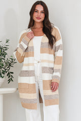 Alfie Cardigan - Open Stripe Knit with Pockets and Rib Knit Trim in Camel