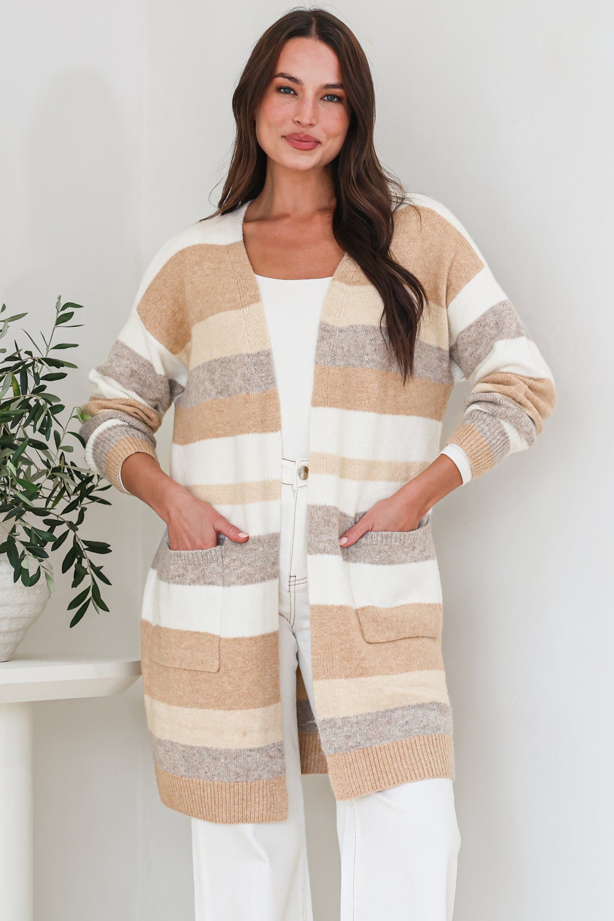 Alfie Cardigan - Open Stripe Knit with Pockets and Rib Knit Trim in Camel