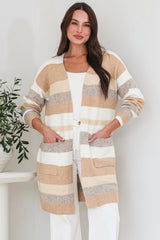Alfie Cardigan - Open Stripe Knit with Pockets and Rib Knit Trim in Camel