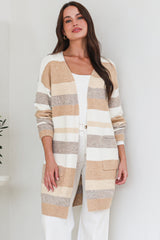 Alfie Cardigan - Open Stripe Knit with Pockets and Rib Knit Trim in Camel