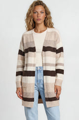 Alfie Cardigan - Open Stripe Knit with Pockets and Rib Knit Trim in Beige